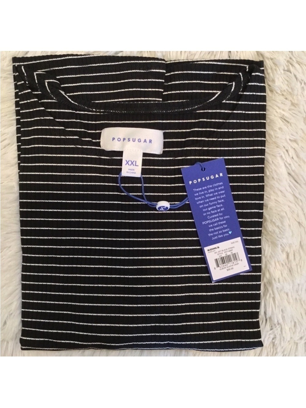 PopSugar Black & White Striped Top XXL NWT Ribbed Stretchy elbow Sleeve - Picture 8 of 11
